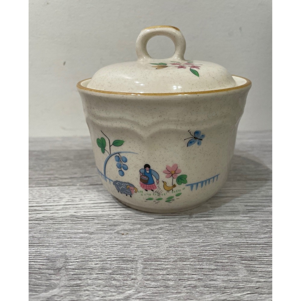 International China Heartland Village Stoneware Sugar Bowl w/Lid Japan Vintage